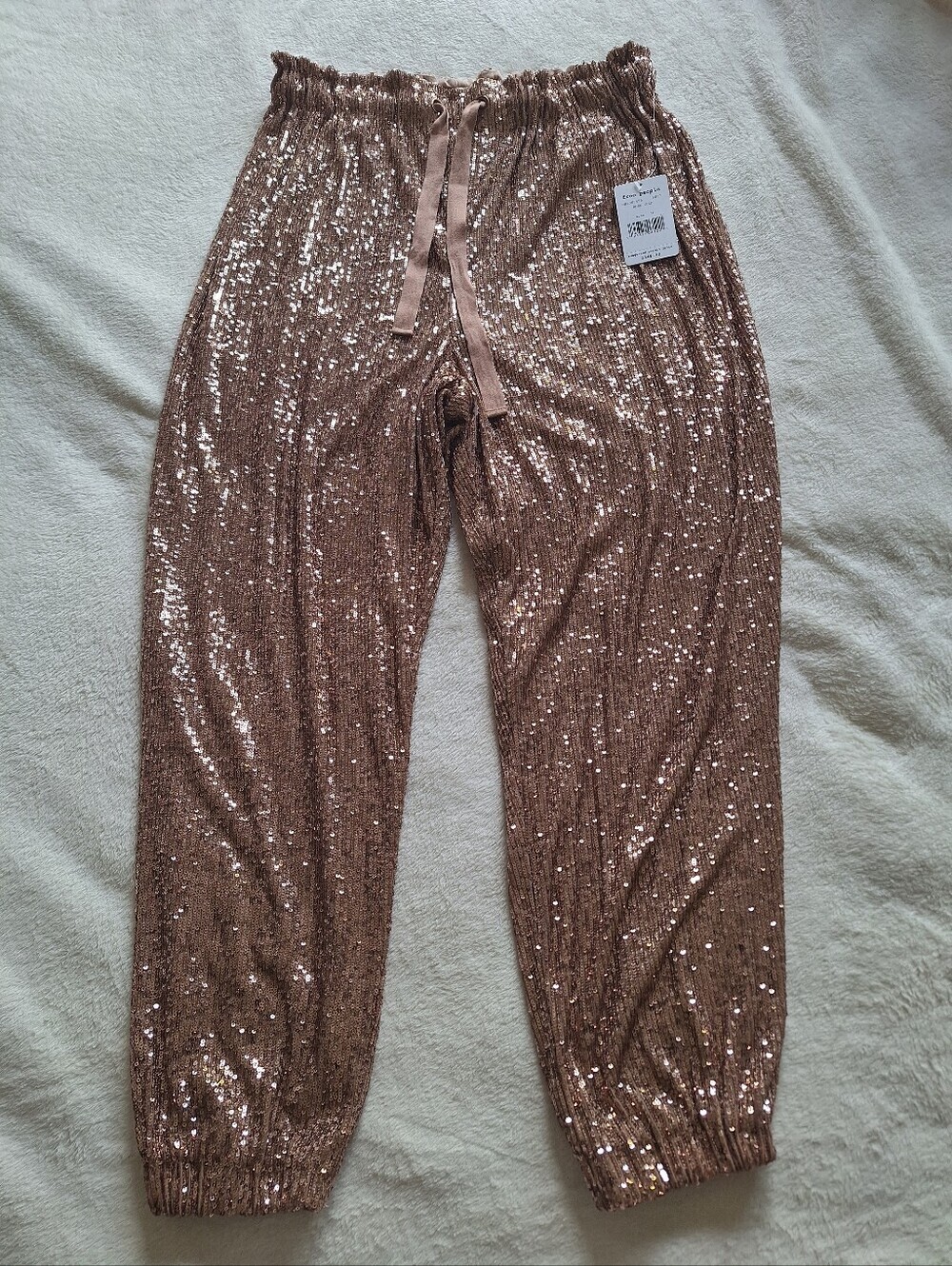 NWT Free People Morelia Sequin Joggers Pants M Rose Gold Bronze Holiday Party